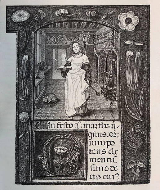 istock Antique illustration - St. Martha walking indoors reading a book with a cat nearby 1277854871