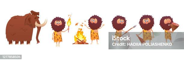 Primitive People And Stone Age With Mamont Icons Of Stone Age Cavemen  Hunting Stone Tools Isolated On White Background Vector Illustration Stock  Illustration - Download Image Now - iStock