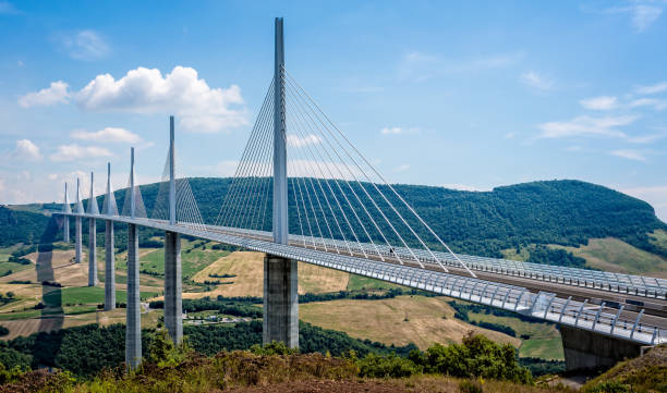The Millau Suspension Bridge taken in Millau, Aveyron, France stock photo