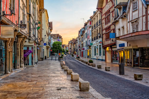 Medieval street taken at sunset  in Troyes, Aube, France stock photo