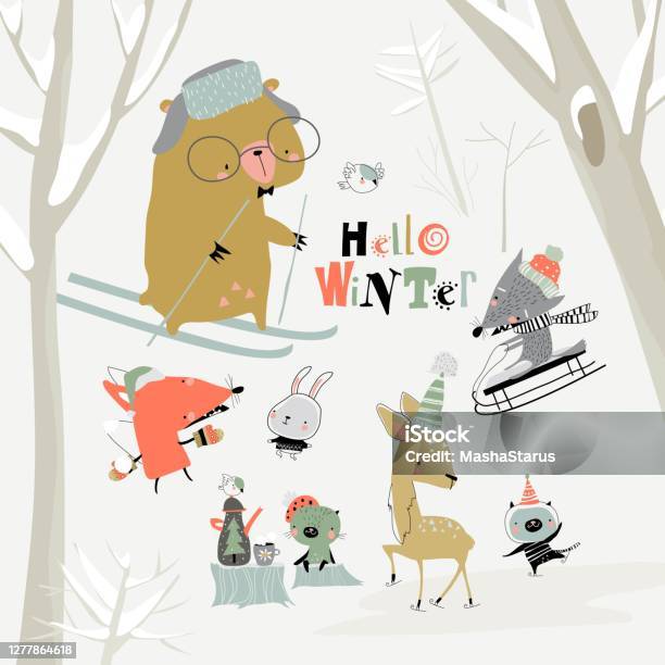 Cartoon Cute Animals Meeting Winter In The Forest Stock Illustration -  Download Image Now - Animal, Forest, Christmas - iStock