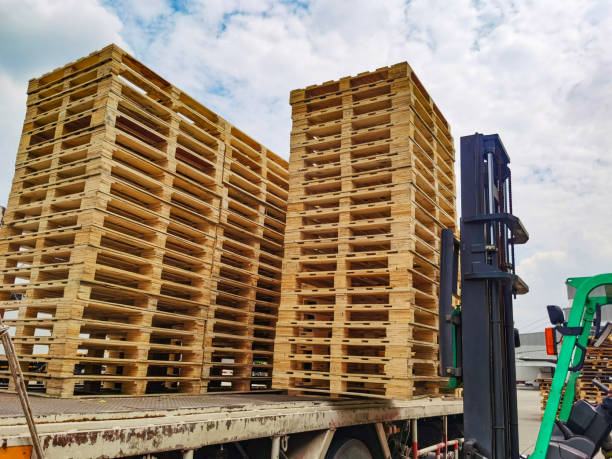 istock Worker driving forklift to loading wooden pallets from truck to warehouse cargo storage, shipment in logistics and transportation industrial, wood pallets stack, delivery service 1277875625