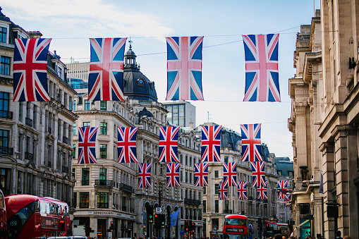 London United Kingdom - May 05, 2018: Oxford Street Union Jack flags to celebrate the Queen's