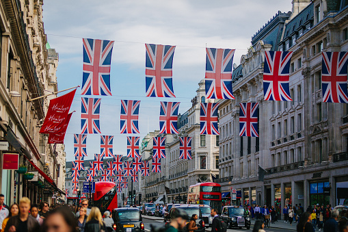 London United Kingdom  - May 05, 2018: Oxford Street Union Jack flags to celebrate the Queen's