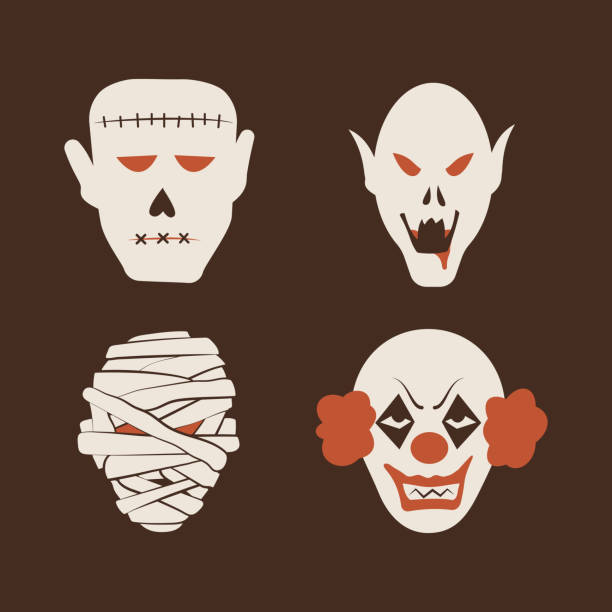 duotone мультфильм хэллоуин монстров набор. смайлик и злые эмоции - clown evil horror spooky stock illustrations