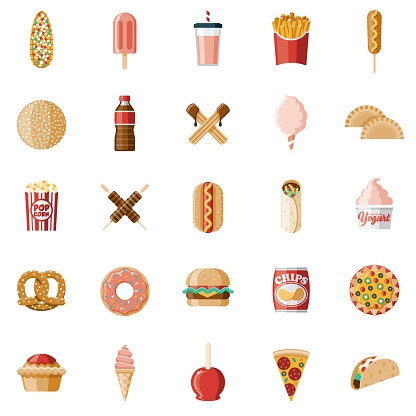 A set of carnival food icons. File is built in the CMYK color space for optimal printing. Color swatches are global so it’s easy to edit and change the colors.