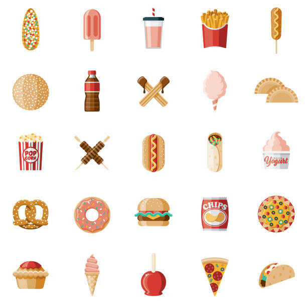 Carnival Food Icon Set A set of carnival food icons. File is built in the CMYK color space for optimal printing. Color swatches are global so it’s easy to edit and change the colors. beignet stock illustrations