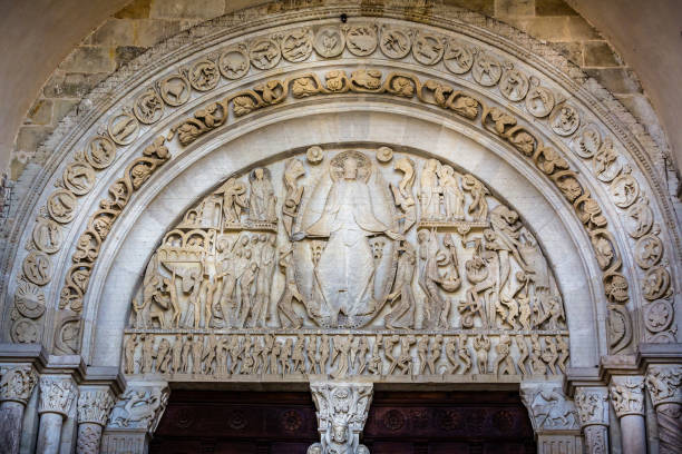 Last Judgement Tympanum by Gislebertus in Autun Cathedral, Burgundy, France stock photo