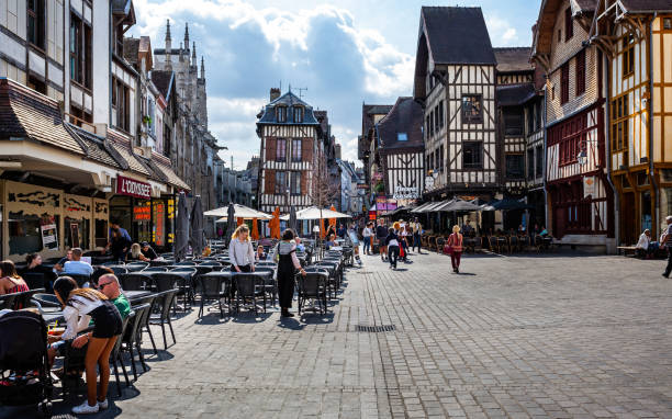 Medieval centre of Troyes with half timbered buildings in Troyes, Aube, France stock photo