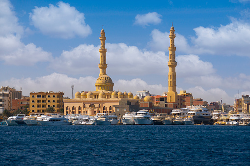 Mosque and harbor in Hurghada, Egypt