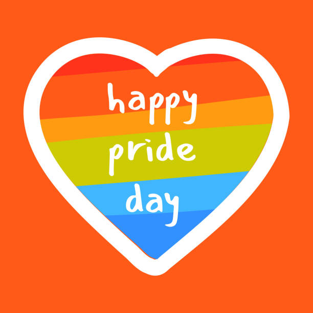 무지개 심장과 비문 해피 프라이드 데이의 벡터 일러스트. 스티커, 패치, 자석, 배지, 핀, 라벨. 레즈비언, 게이, 양성애자, 트랜스젠더, 비 바이너리를 기념하는 야외 이벤트 - heart shape gay pride gay pride flag lesbian stock illustrations