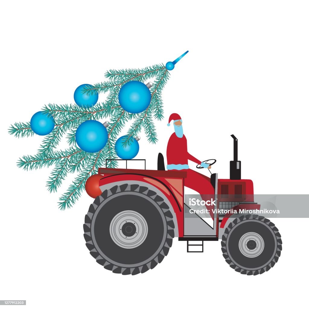 Santa Riding Tractor Tractor With Santa Tractor Driver Delivering Christmas Tree Flat Vector ...