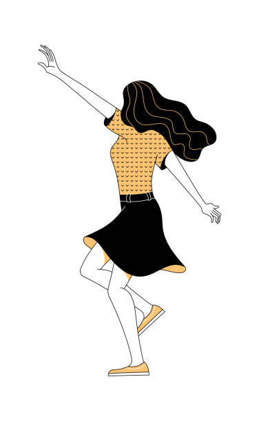 istock Joyful female character with long hair raising hand on white 1277912213