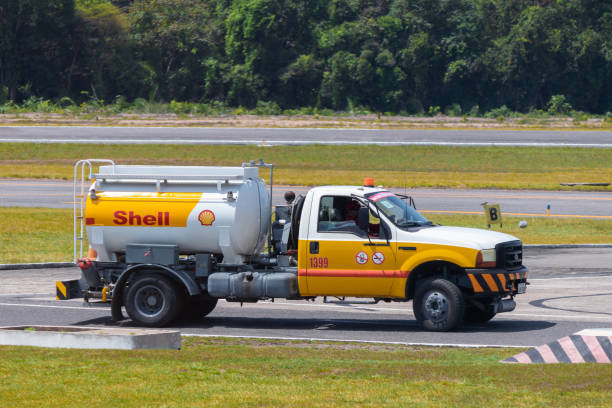 Santarem/Para/Brazil - Sep 29, 2020: Shell mini fuel tanker truck to transport aviation gasoline (AVGAS 100LL) to supply small aircraft at Santarem Airport (SBSN).