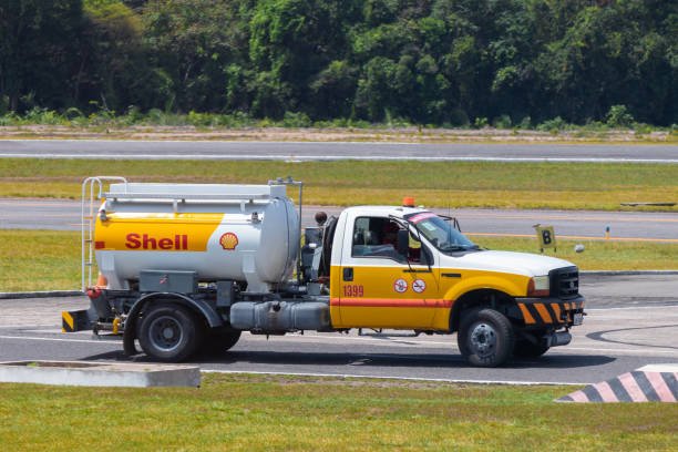 Shell mini fuel tanker truck Santarem/Para/Brazil - Sep 29, 2020: Shell mini fuel tanker truck to transport aviation gasoline (AVGAS 100LL) to supply small aircraft at Santarem Airport (SBSN). stm photos stock pictures, royalty-free photos & images