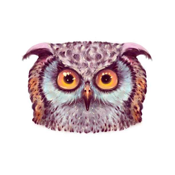 istock illustration of hand drawn owl portrait. Multicolor stylized owl with ears and yellow eyes. Isolated head on a white background, pastel shades, cute drawing 1277916509