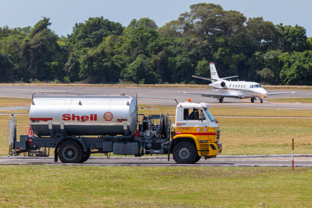 Shell Jet A-1 refueller truck Santarem/Para/Brazil - Sep 29, 2020: Shell Jet A-1 refueller truck to supply the aircrafts at Santarem Airport (SBSN). stm photos stock pictures, royalty-free photos & images