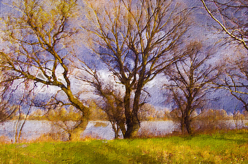 Oil landscape painting showing trees on a river shore in autumn.