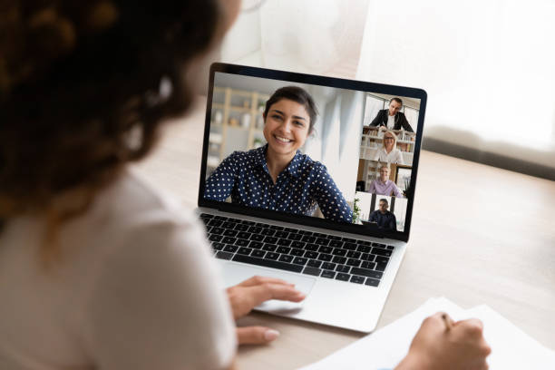 istock Woman worker have webcam online meeting with colleagues 1277917701