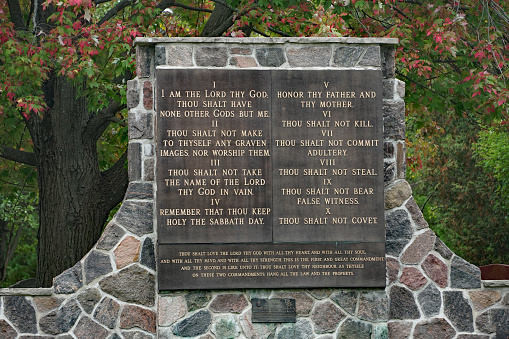 Toronto, Canada - October 1, 2020:  Mount Pleasant Cemetery with Ten Commandments on a memorial marker.