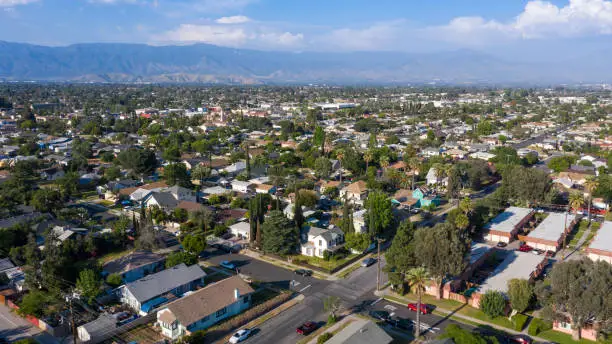 Daytime aerial view of the city center of Rialto, California.