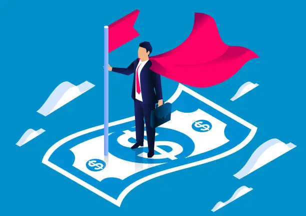 Vector illustration of Successful business leader, businessman flying with cape holding flag standing on flying banknotes