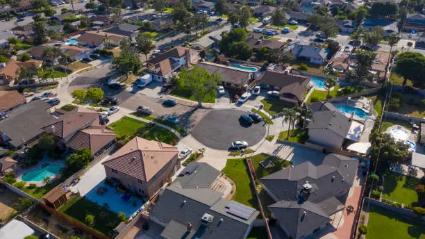 Daytime aerial view of a neighborhood in Fontana, California.