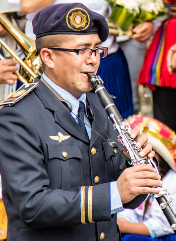 Cuenca, Ecuador Dec 24, 2017 - Military marching band plays in annual Pase de Nino parade