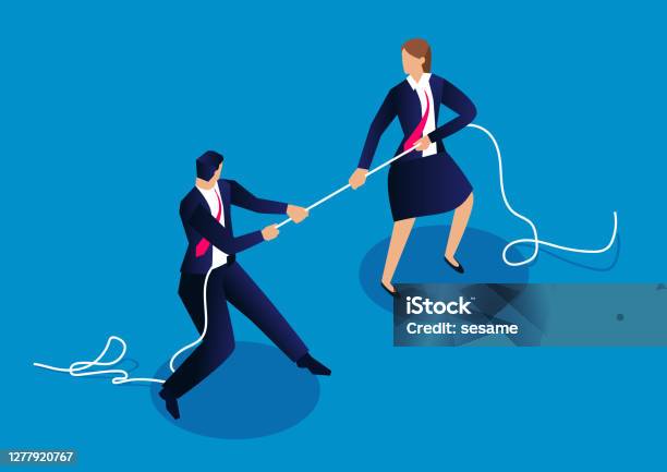 Male Businessmen And Businesswomen Tug Of War Competition Between Men And Women Stock Illustration - Download Image Now