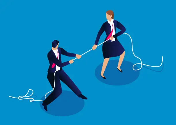 Vector illustration of Male businessmen and businesswomen tug of war, competition between men and women