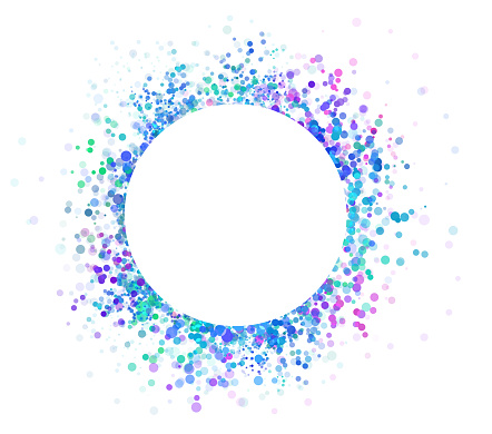 colorful abstract circle frame paint spatter or spray on white background in blue green pink and purple color splash, paint spots and dots are sprinkled like glitter sparkle in party invitation design