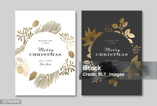 istock Elegant holiday greeting card design template with metallic gold winter botanical graphics 1277921919