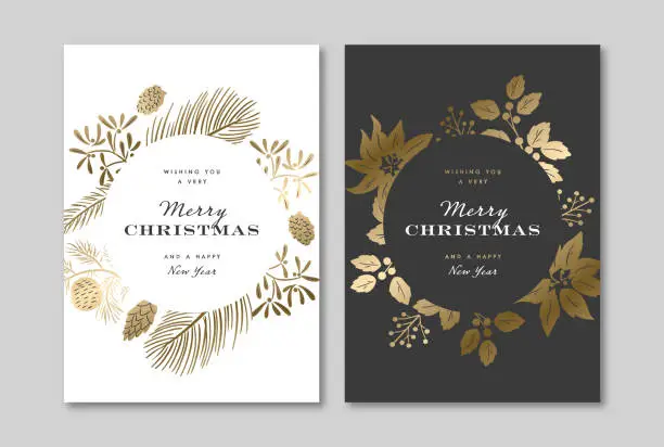 Vector illustration of Elegant holiday greeting card design template with metallic gold winter botanical graphics