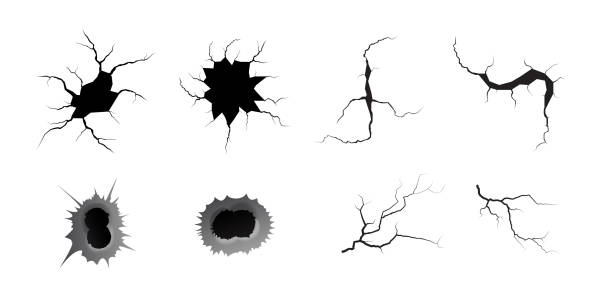 총알 구멍 과 접지 균열 세트. 금속 단일 및 이중 총알 구멍, 손상 효과. 지진과 지면 균열, 삐걱 거리는 소리와 손상된 벽 질��감. - double wall stock illustrations