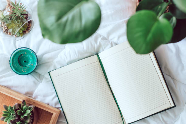 istock Blank notebook lying on bed, succulents and plants on white blanket, top view, cozy home flat lay 1277926484