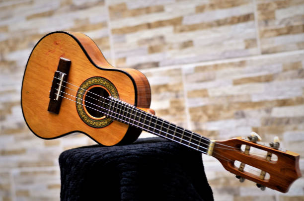 A ukulele and details of its ropes on the bench