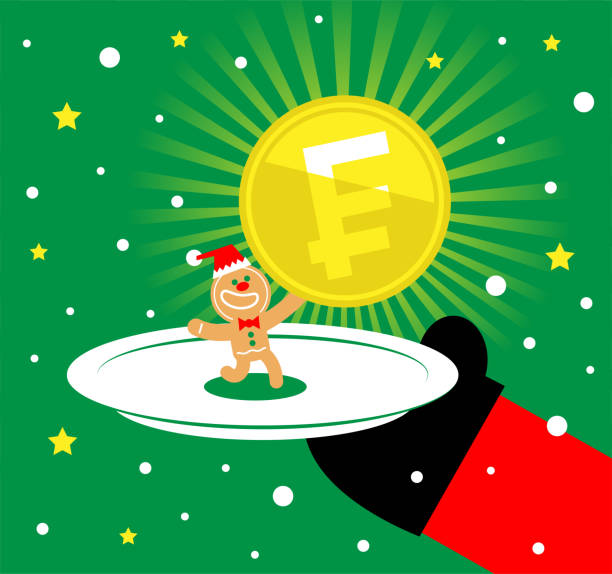 der weihnachtsmann serviert einen teller mit einem lebkuchenmann, der franc-zeichenmünze (französische oder schweizer währung) hält - swiss currency swiss francs currency swiss coin stock-grafiken, -clipart, -cartoons und -symbole