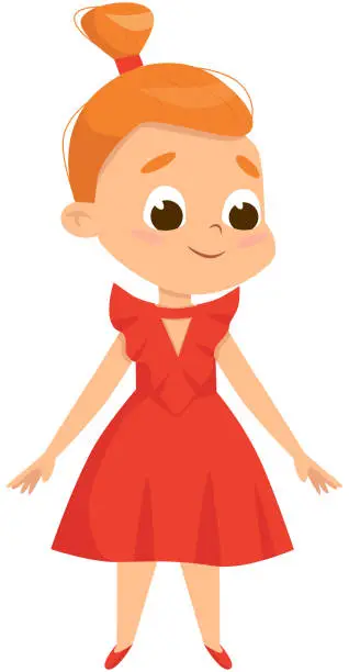 Vector illustration of Beautiful Redhead Little Girl in Elegant Red Dress, Cute Kid Wearing Nice Clothes Cartoon Style Vector Illustration