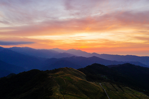 View of a sunset from the top of a mountain in Japan