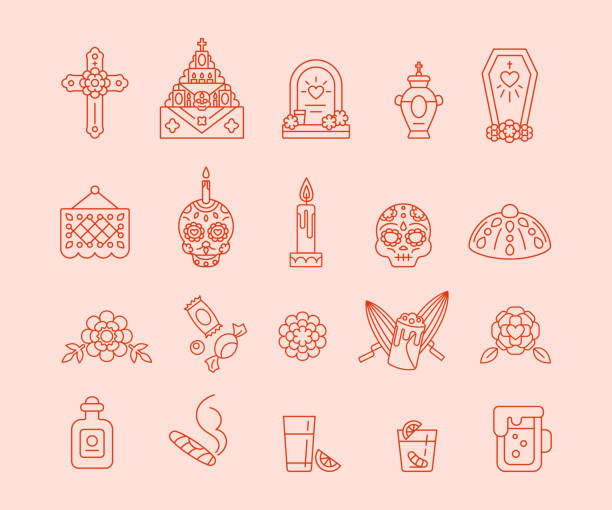 Set of linear icons for celebration of Dia de Muertos. Day of The Dead - Mexican traditional symbols, outline style Dia de Muertos - Set of outline icons. Day of The Dead - traditional Calavera symbols. Bread Pan de Muertos, paper flag Papel picado, sugar skull, home altar ofrenda, mexican christian cross and more tamales stock illustrations