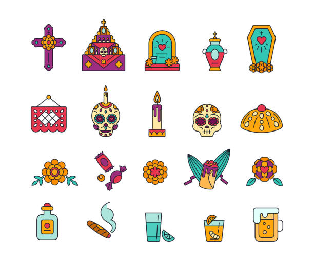 bildbanksillustrationer, clip art samt tecknat material och ikoner med set med färgglada solida ikoner för firande av dia de muertos. day of the dead - mexikanska traditionella symboler - blommor grav