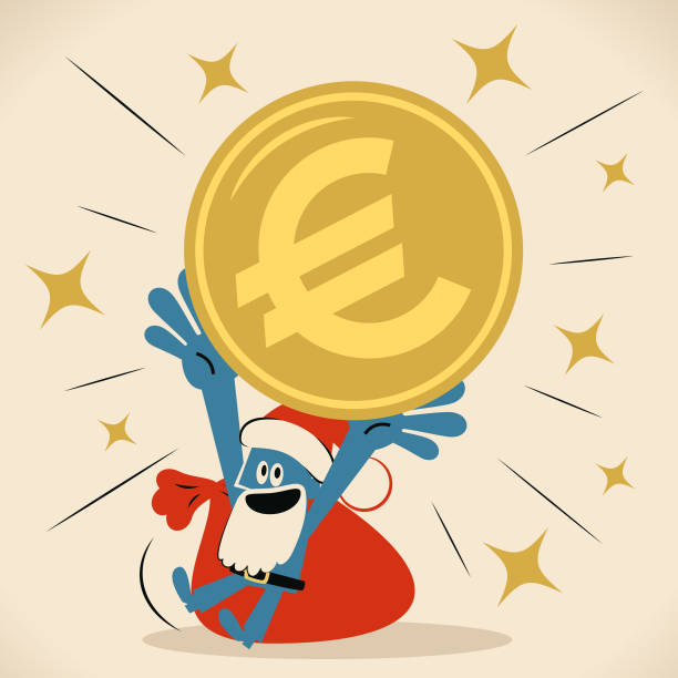 ilustrações, clipart, desenhos animados e ícones de homem azul com chapéu de papai noel e barba está mostrando uma enorme moeda da união europeia (moeda de sinal de euro) - european union currency money bag euro symbol sack