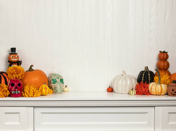 Halloween fireplace mantle decoration decoration with space for copy Halloween fireplace mantle decoration decoration with space skull photos stock pictures, royalty-free photos & images