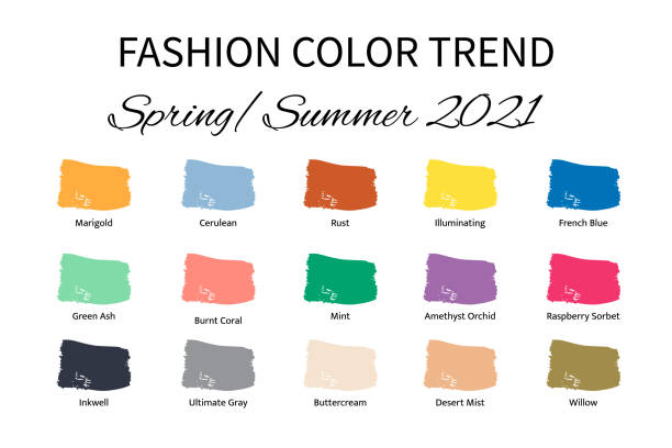 illustrazioni stock, clip art, cartoni animati e icone di tendenza di fashion color trend primavera â estate 2021. guida alla tavolozza dei colori alla moda. pennellate di colore di vernice con campioni di nomi. modello vettoriale facile da modificare per i tuoi progetti creativi - pantone 2021