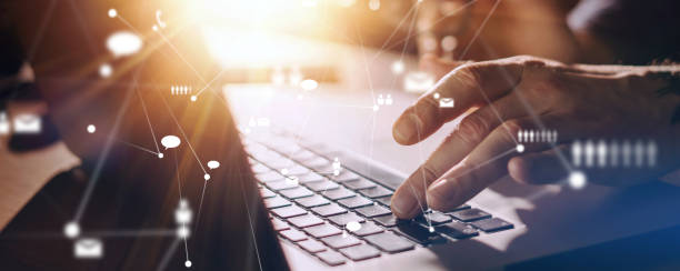 istock Male hands with laptop. Man working remotely at home. Concept of networking or remote work. Global business network. Online courses. 1277948801