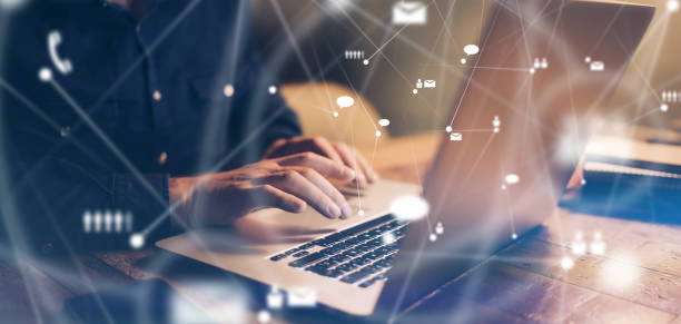 istock Male hands with laptop. Man working remotely at home. Concept of networking or remote work. Global business network. Online courses. 1277948803