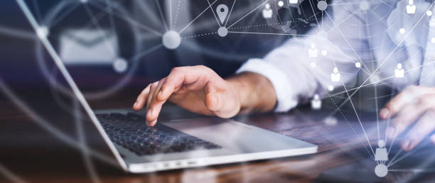 istock Male hands with laptop. Man working remotely at home. Concept of networking or remote work. Global business network. Online courses. 1277948806