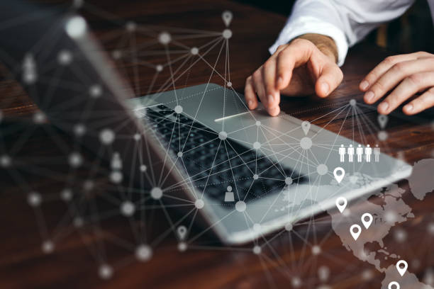 istock Male hands with laptop. Man working remotely at home. Concept of networking or remote work. Global business network. Online courses. 1277948812