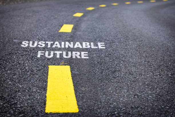 Sustainable future word on asphalt road surface with marking lines
