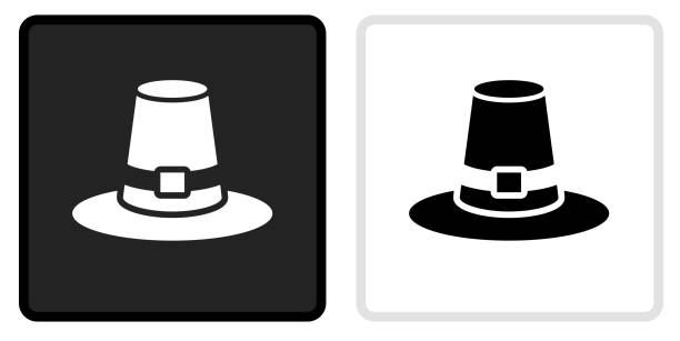 ilustrações, clipart, desenhos animados e ícones de ícone do chapéu peregrino no botão preto com capotamento branco - 2113